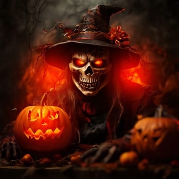 Creepy masked figure with glowing eyes among Halloween pumpkins. Good Quality