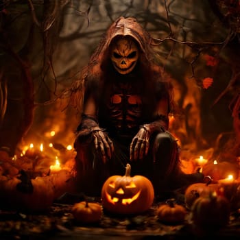 Creepy masked figure with glowing eyes among Halloween pumpkins. Good Quality