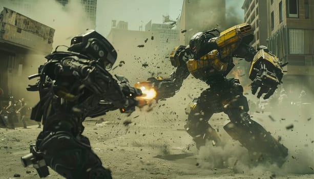 Two giant robots are fighting in a city with people running away by AI generated image.