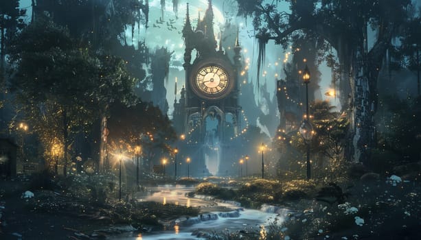A fantasy scene with a large clock tower in the center by AI generated image.
