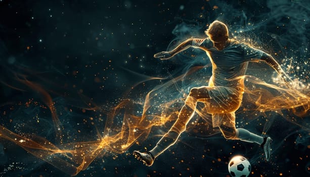 A man in a colorful outfit is kicking a soccer ball by AI generated image.