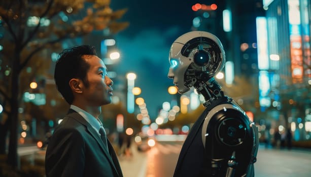 A man stands in front of a robot with a suit on by AI generated image.