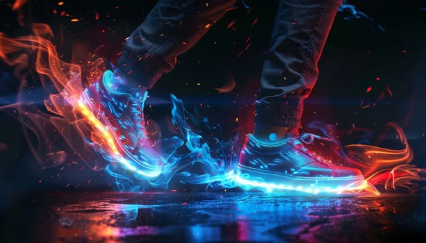 A pair of shoes with a blue and red design are lit up in a dark room by AI generated image.