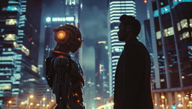 A man stands in front of a robot with a suit on by AI generated image.