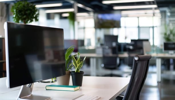 A computer monitor sits on a wooden desk in a room with a potted plant and a vase. The room is well-lit and has a modern, professional feel