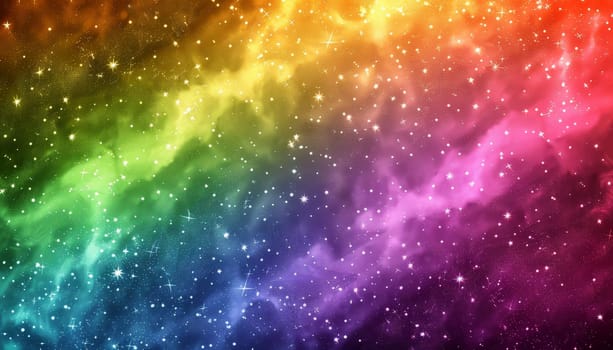 A colorful galaxy with a rainbow in the middle and stars scattered throughout. The colors of the rainbow are vibrant and the stars are twinkling, creating a sense of wonder and awe