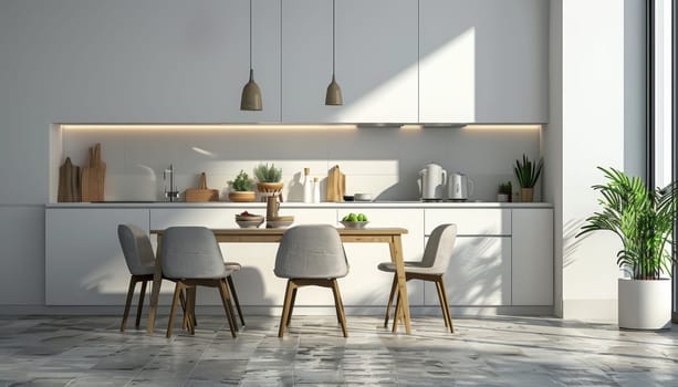 A modern kitchen with a white countertop and white cabinets. A table with four chairs and a potted plant