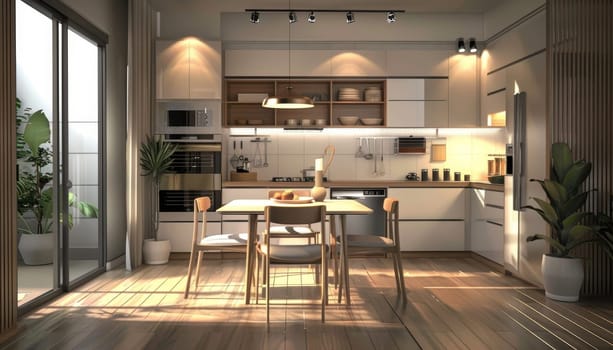 A modern kitchen with a white countertop and white cabinets. A table with four chairs and a potted plant