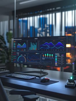 A sleek and modern analytical dashboard showcasing data insights processed by AI, featuring charts and graphs displayed on a desktop monitor in a professional office setting.