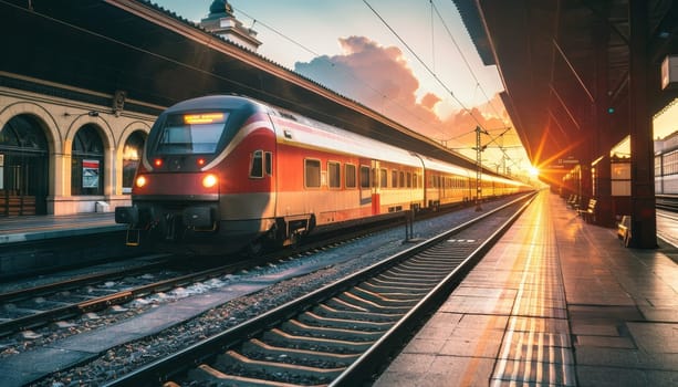 A train is sitting on the tracks at a train station. The sun is setting in the background, casting a warm glow over the scene