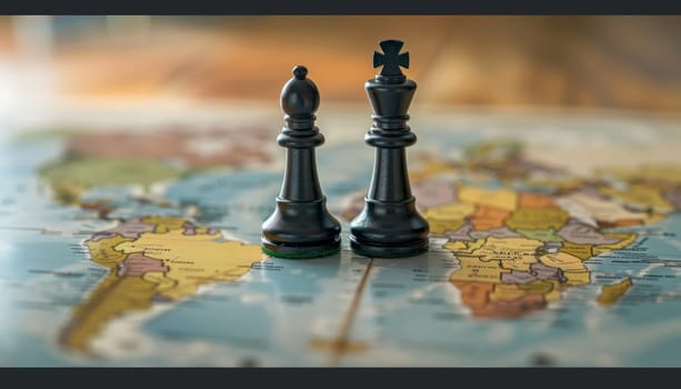 Two chess pieces are on a map of the world. The chess pieces are black and are positioned on the map in such a way that they are facing each other