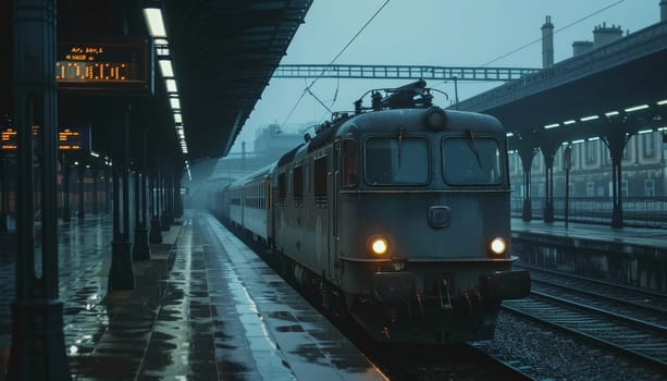 A train is sitting on the tracks at a train station. The train is surrounded by a wet platform, and the sky is cloudy