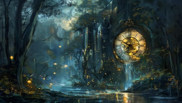 A forest with a large clock in the middle by AI generated image.