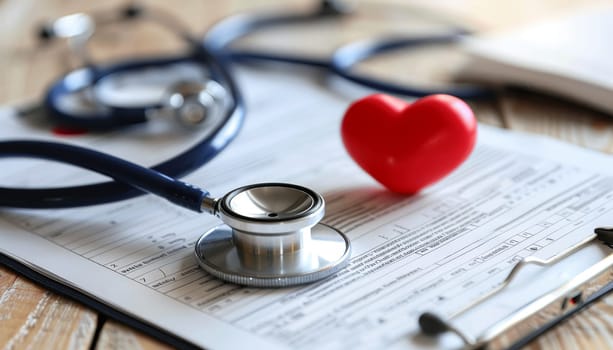 A stethoscope is on top of a medical chart with a heart on it.