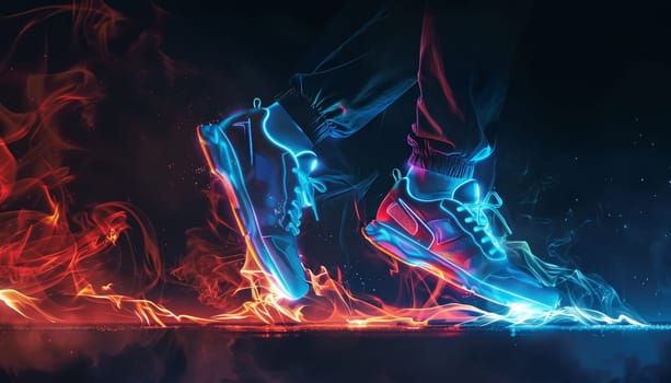 A pair of shoes with a blue and red design are lit up in a dark room by AI generated image.