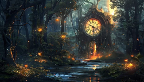 A forest with a large clock in the middle by AI generated image.