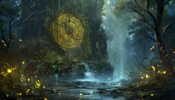 A forest with a large clock in the middle by AI generated image.