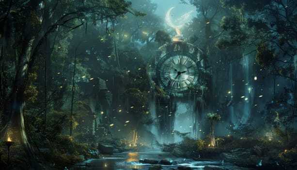 A clock tower in a forest with a clock that is set at 10:00 by AI generated image.