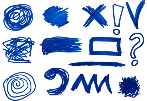 Various shapes drawn with a blue felt-tip pen on an isolated background