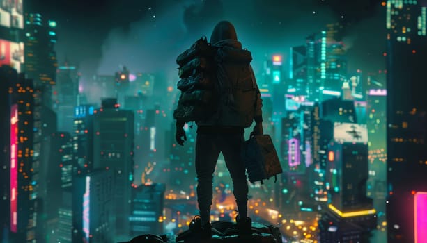 A man stands on a rooftop in a cityscape with neon lights and a futuristic vibe by AI generated image.