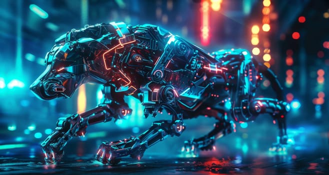 A robot dog is walking on a wet road by AI generated image.