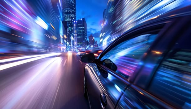 A car is driving down a city street at night. The car is blurry, and the city lights are reflected in the car's headlights. Concept of motion and excitement, as the car speeds through the city