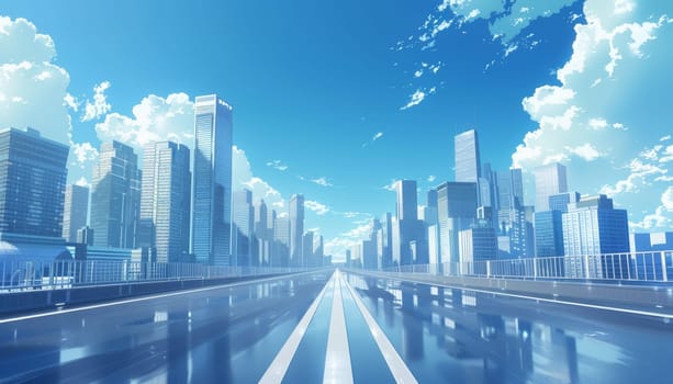 A cityscape with a large road in the middle. The sky is blue and there are clouds