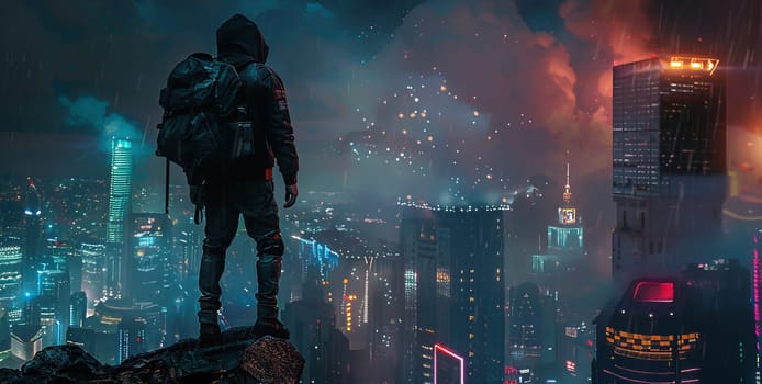 A man stands on a rooftop in a cityscape with neon lights and a futuristic vibe by AI generated image.