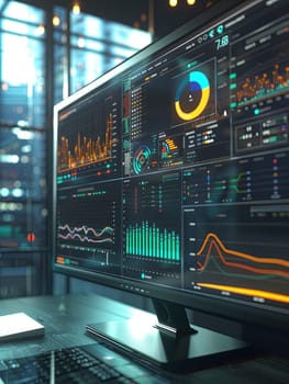 A modern monitor shows an advanced analytical dashboard with charts, graphs, and data insights processed by AI in a professional office setting.