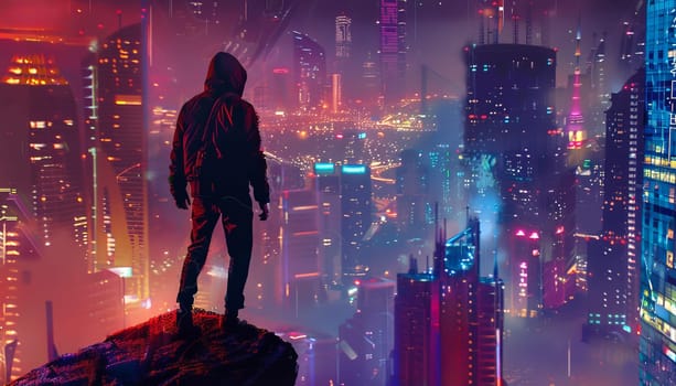 A man stands on a rooftop in a cityscape with neon lights and a futuristic vibe by AI generated image.