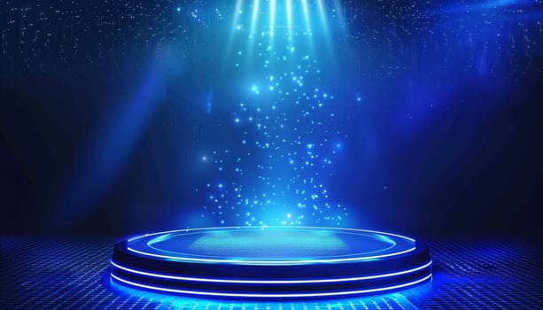 A blue lighted stage with a blue background and a blue object in the center