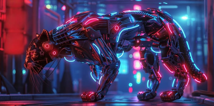 A robot cat with glowing red eyes and glowing red claws. The robot cat is walking on a dark surface with a city background