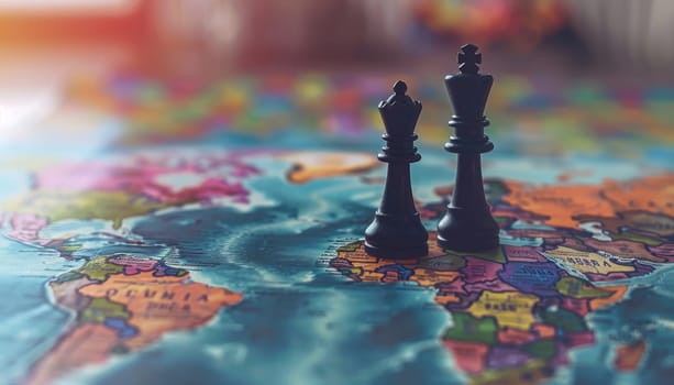 Two chess pieces are on a map of the world. The chess pieces are black and are positioned on the map in such a way that they are facing each other