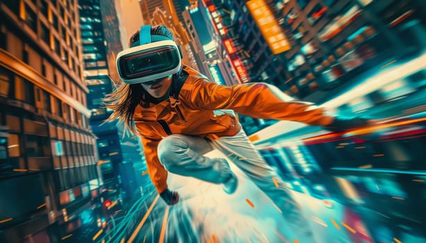 A woman in a yellow jacket is wearing a virtual reality headset by AI generated image.