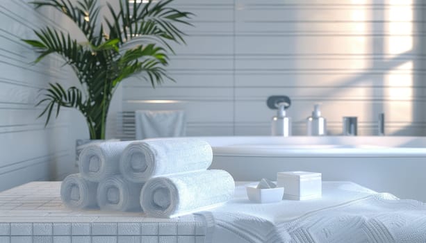 A bathroom with a bathtub and a sink. There are five white towels stacked on a table