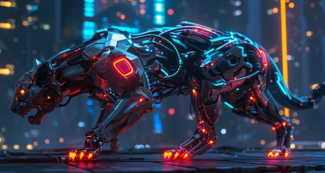 A robot cat with glowing red eyes and glowing red claws. The robot cat is walking on a dark surface with a city background