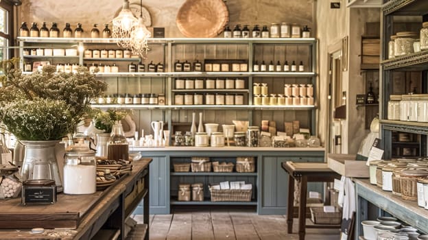 Details and products on shelves in the English counryside farm shop, small business, country style design