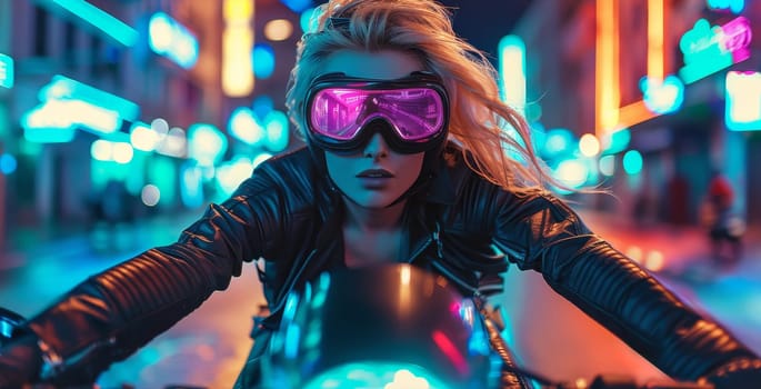 A woman is riding a motorcycle in a city at night. She is wearing sunglasses and a leather jacket