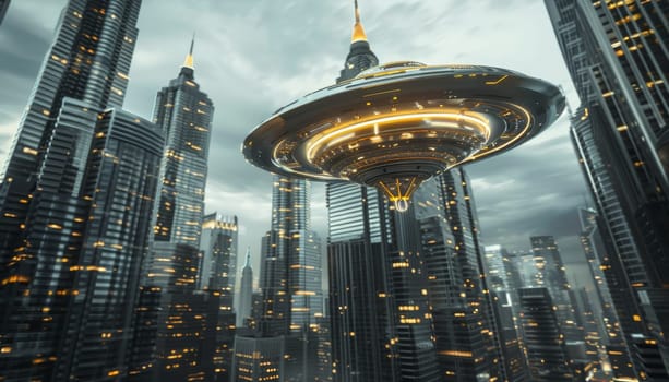 A futuristic cityscape with many buildings and a large number of spaceships by AI generated image.