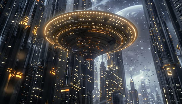 A futuristic cityscape with a large, glowing UFO hovering above the buildings by AI generated image.