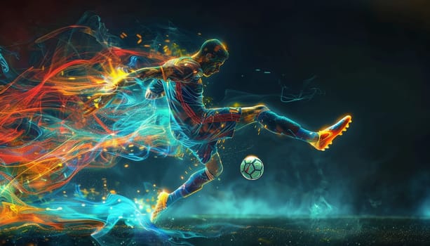 A man in a soccer uniform kicks a soccer ball in a colorful, swirling background by AI generated image.