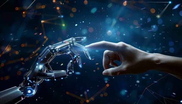 A hand is touching a robot's hand, symbolizing the merging of human and machine by AI generated image.