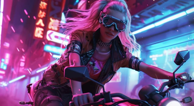 A woman is riding a motorcycle in a city at night. She is wearing sunglasses and a leather jacket