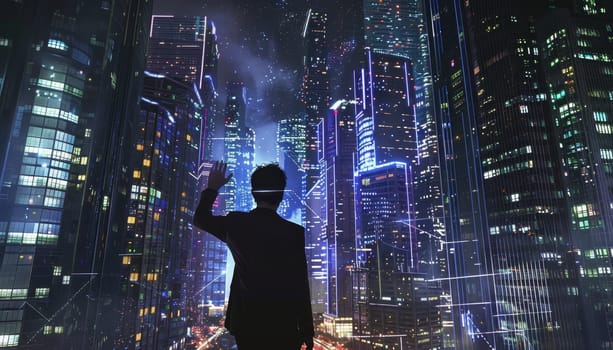 A man is standing in a city at night, looking up at the sky by AI generated image.