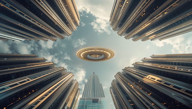 A futuristic cityscape with three flying saucers in the sky by AI generated image.