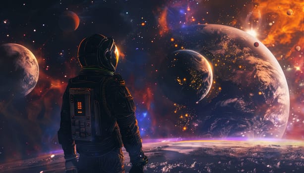 A man in a spacesuit stands on a planet in space by AI generated image.