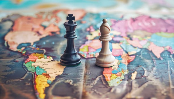 Two chess pieces are on a map of the world. The chess pieces are black and are positioned on the map in such a way that they are facing each other