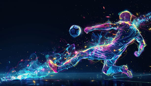 A man in a colorful outfit is kicking a soccer ball by AI generated image.