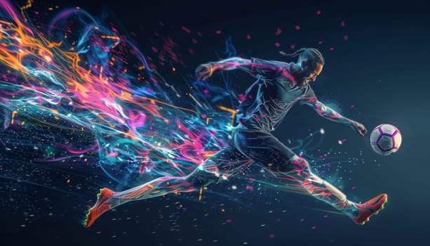 A man is kicking a soccer ball in a colorful, abstract background by AI generated image.