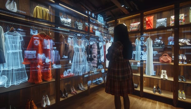 A woman stands in front of a display of clothes and shoes in a store by AI generated image.